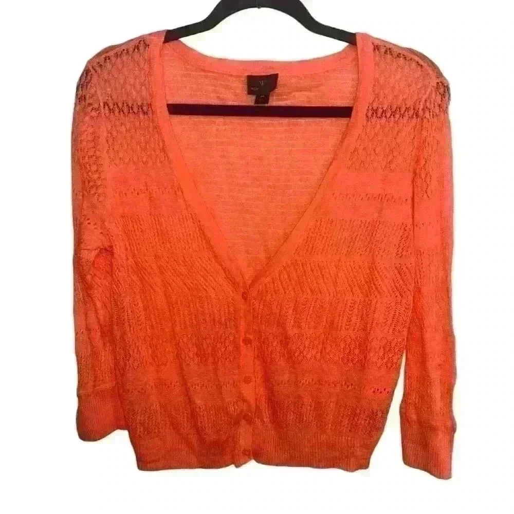 Worthington V-Neck Knit Ribbed Trim 3/4 Sleeve Cardigan in Orange Coral Size XL